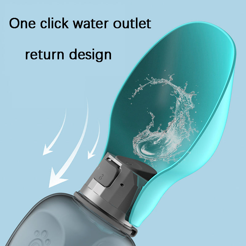 Portable Dog Water Bottle 800ml in blue with built-in feeding bowl, durable plastic, ideal for travel and outdoor walks.