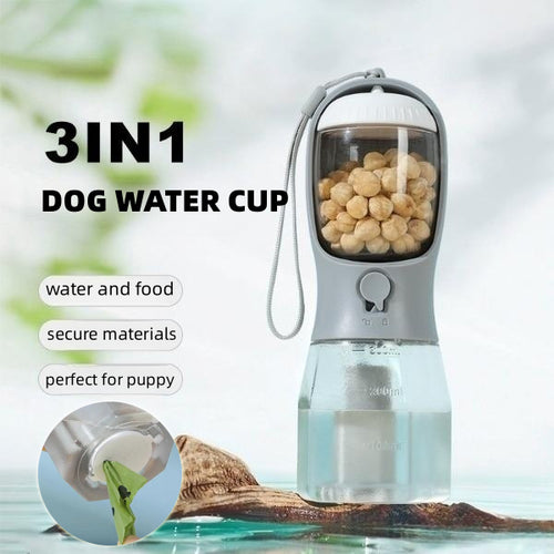 3-in-1 Dog Travel Water Bottle with food and water dispenser, blue plastic and stainless steel, portable design for pet