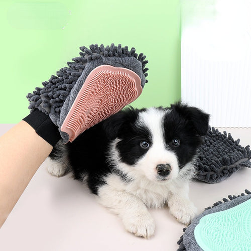 2-in-1 Pet Grooming & Bath Glove in blue with textured silicone surface for removing loose hair, dirt, and dander during