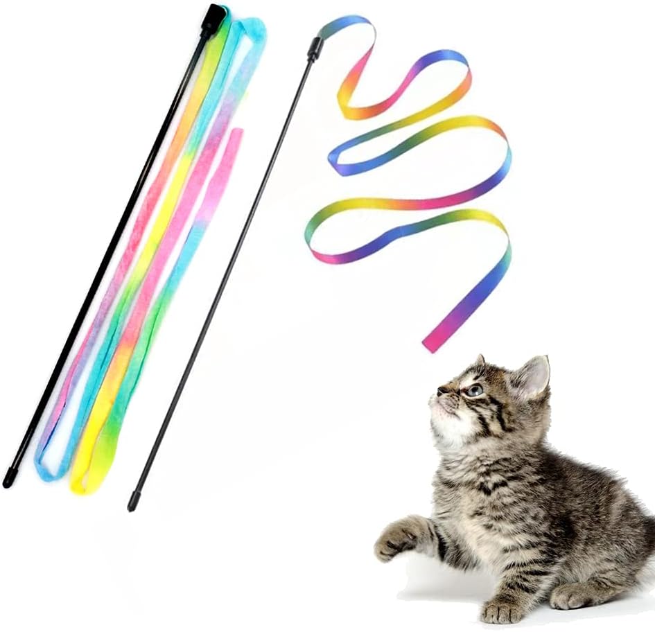 Interactive Rainbow Cat Wand Toy – Colorful Ribbon Teaser for Indoor Cats & Kittens