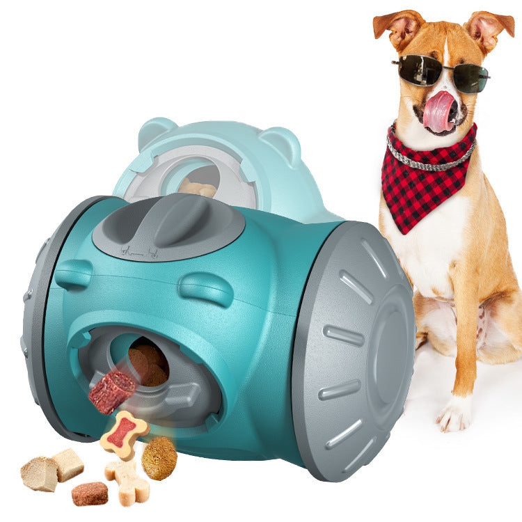 Interactive Dog Treat Tumbler Toy with blue and green plastic parts for slow feeding and IQ training puzzles.