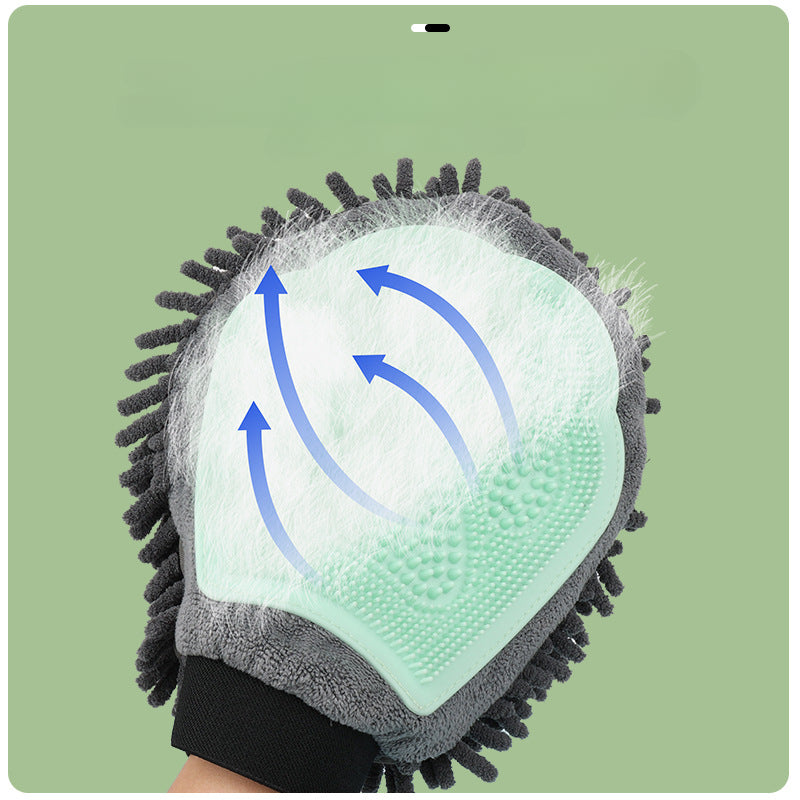 2-in-1 Pet Grooming & Bath Glove in blue and white silicone, designed to remove loose hair, dirt, and dander from pets.