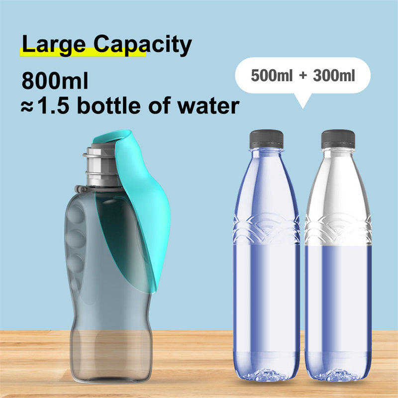 Portable Dog Water Bottle 800ml with attached feeding bowl, BPA-free plastic, blue color, ideal for travel and outdoor use.