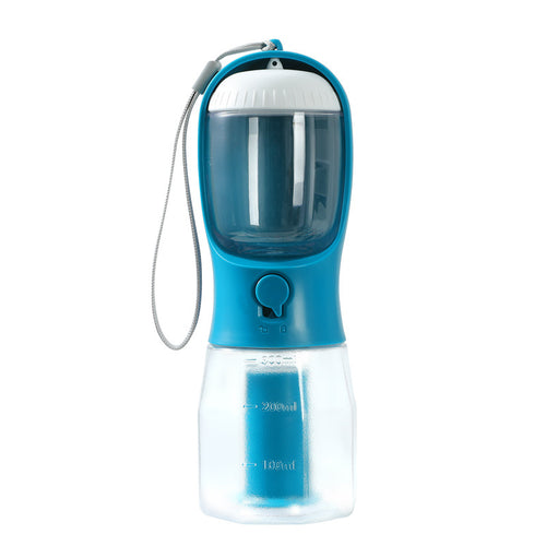 3-in-1 Dog Travel Water Bottle with food and water dispenser cup, blue and white portable pet hydration accessory