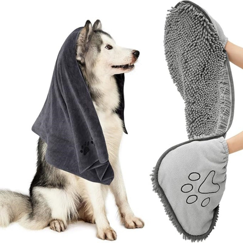Chenille Pet Drying Towel Mitt in soft blue, designed for fast-drying dogs and cats during bath time.