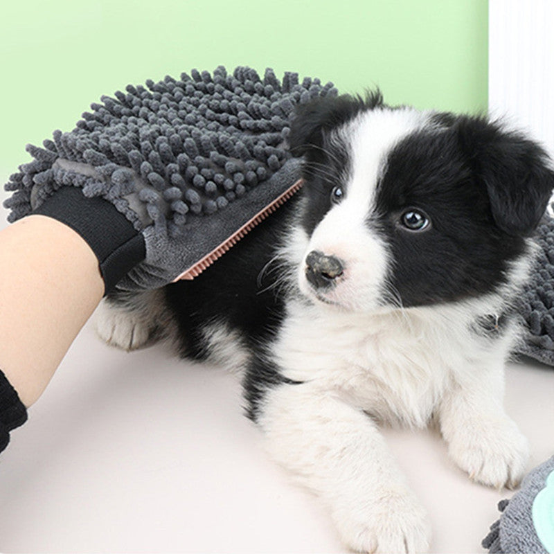2-in-1 Pet Grooming & Bath Glove in blue silicone, removing loose hair, dirt, and dander during pet grooming and bathing.