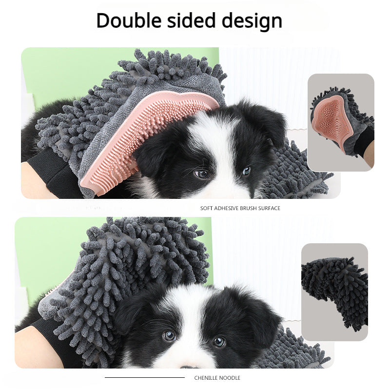 Blue 2-in-1 Pet Grooming & Bath Glove made of flexible silicone, removing loose hair, dirt, and dander from pets.