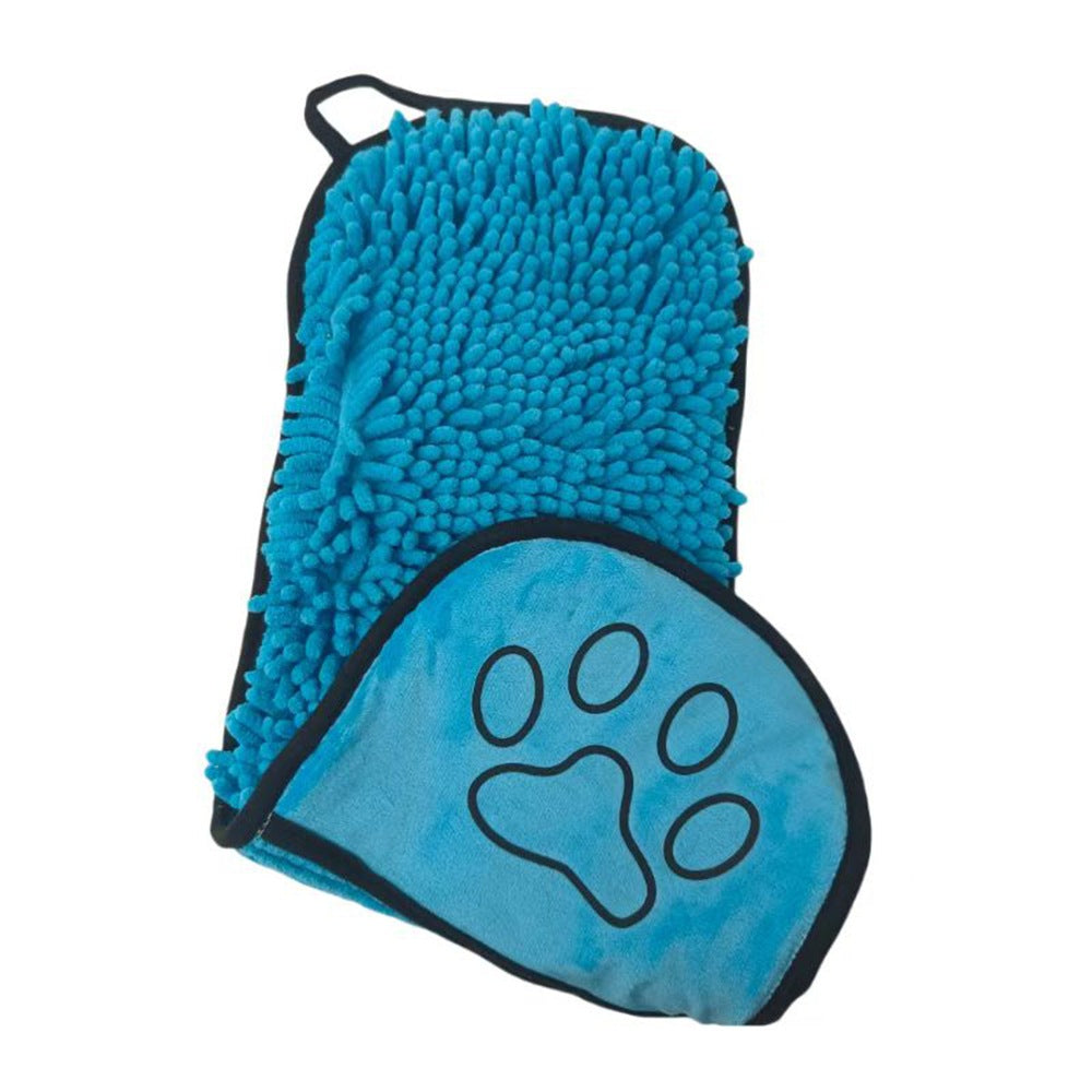 Chenille Pet Drying Towel Mitt in soft microfiber, designed for fast drying of dogs and cats during bath time.