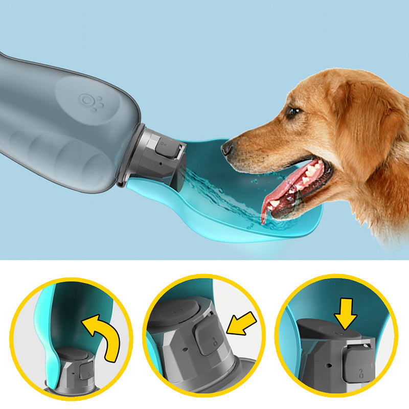 Portable Dog Water Bottle 800ml with attached feeding bowl, durable plastic, ideal for travel and outdoor walks with dogs.