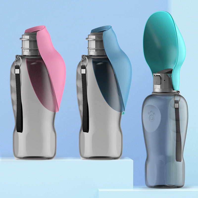 Portable Dog Water Bottle 800ml with integrated feeding bowl, clear plastic, ideal for travel and outdoor use.