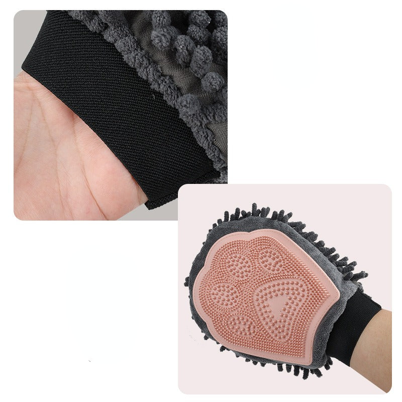 Blue 2-in-1 Pet Grooming & Bath Glove made of silicone, designed to remove loose hair, dirt, and dander during pet grooming.