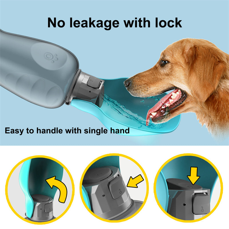 Portable Dog Water Bottle 800ml with integrated feeding bowl, made of durable clear plastic, ideal for travel and outdoor