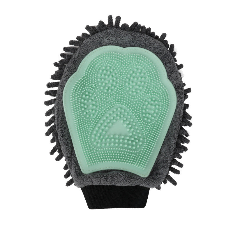 2-in-1 Pet Grooming & Bath Glove in blue silicone, designed to remove loose hair, dirt, and dander during pet bathing.