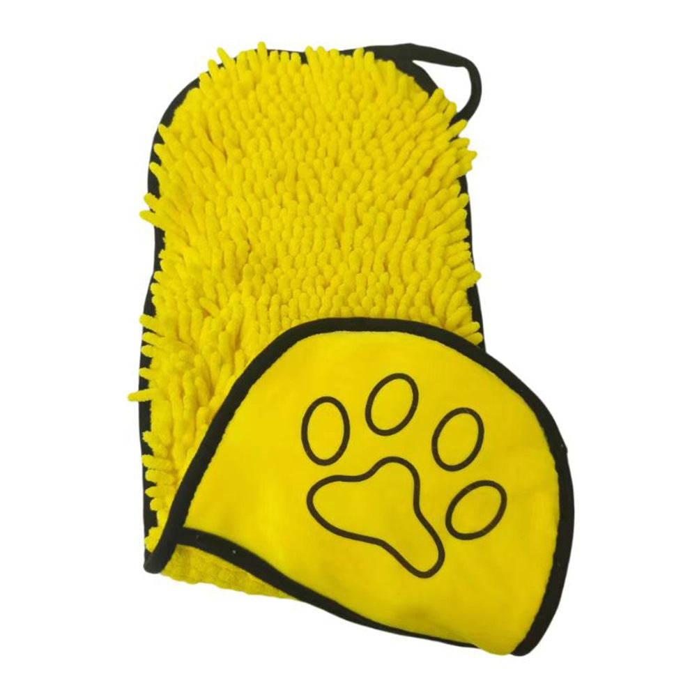 Chenille Pet Drying Towel Mitt in soft blue, designed for fast-drying dogs and cats during bath time.