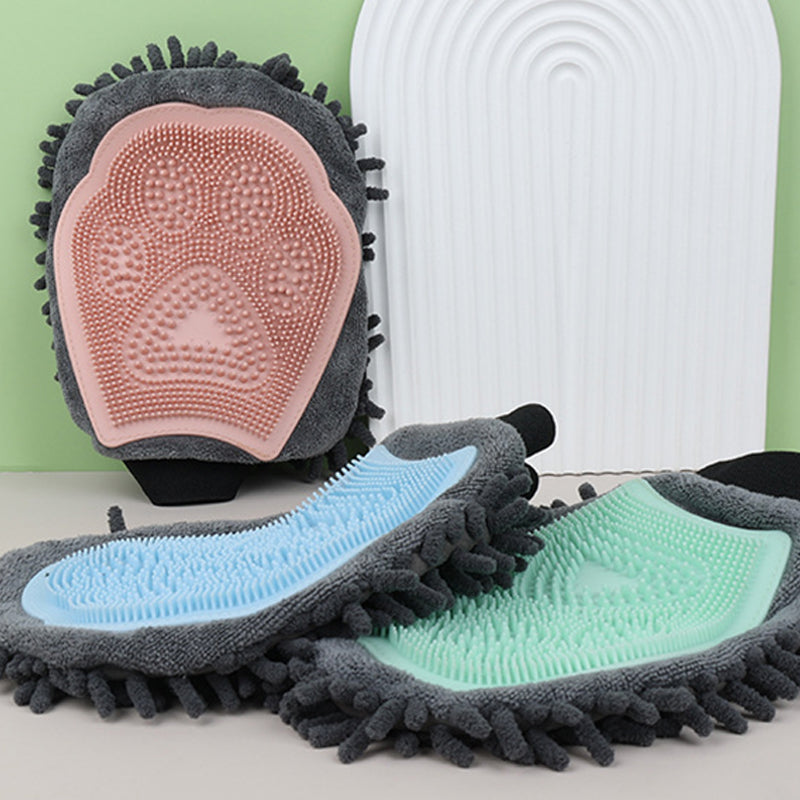 Blue 2-in-1 Pet Grooming & Bath Glove with flexible silicone bristles for removing loose hair, dirt, and dander.