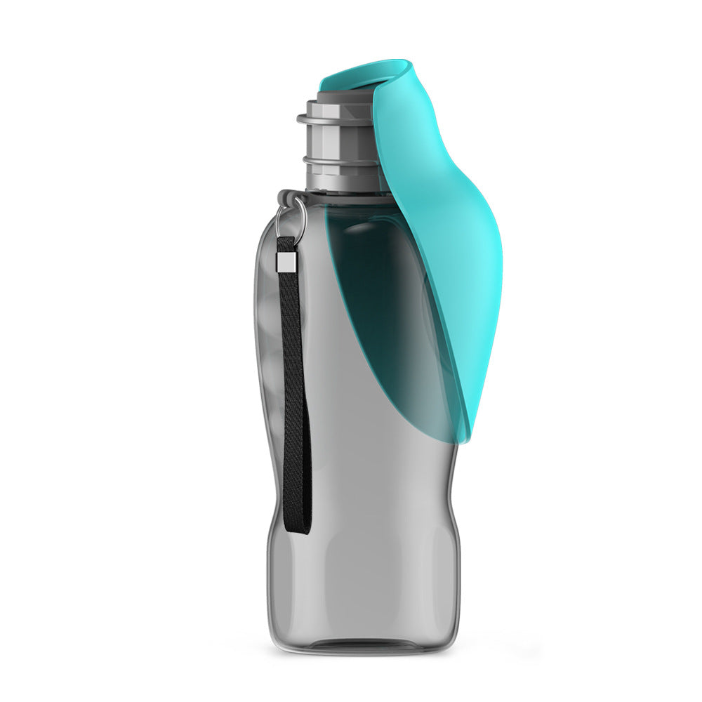 Portable Dog Water Bottle 800ml with integrated feeding bowl, clear plastic, ideal for travel and outdoor use.