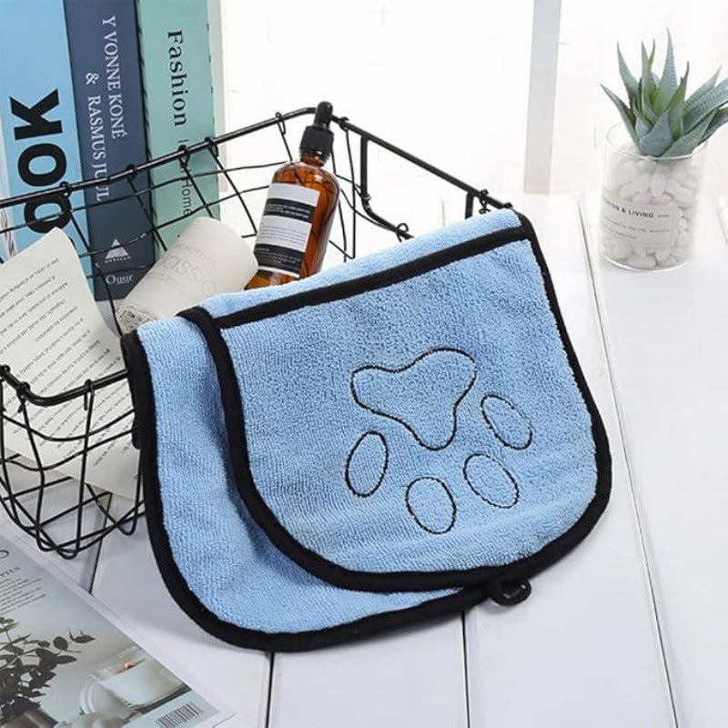 Chenille Pet Drying Towel Mitt in soft blue, designed for fast-drying dogs and cats during bath time.