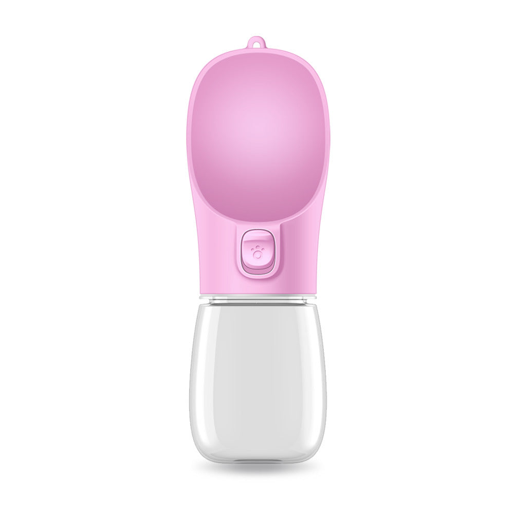 Portable Dog Water Bottle 800ml with attached feeding bowl, made of clear durable plastic, ideal for travel and outdoor use.