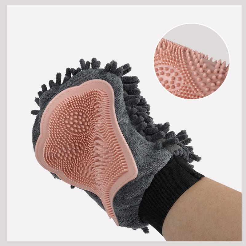 Blue 2-in-1 Pet Grooming & Bath Glove with flexible silicone bristles for removing loose hair, dirt, and dander from pets.