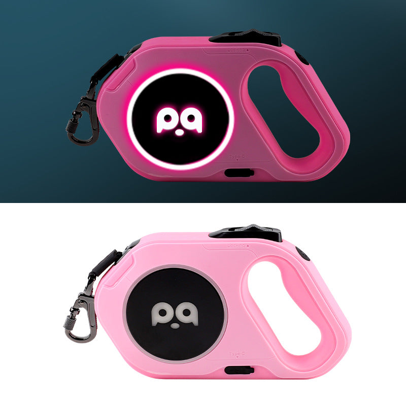 NightSafe LED Retractable Dog Leash with light-up safety feature, black nylon handle, suitable for small and medium dogs.