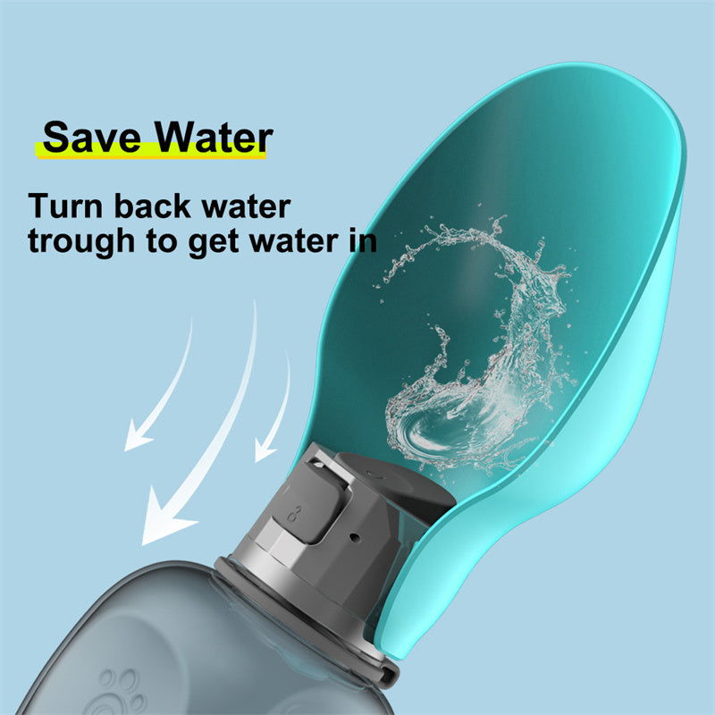 Portable Dog Water Bottle 800ml with integrated feeding bowl, durable plastic, perfect for travel and outdoor walks.
