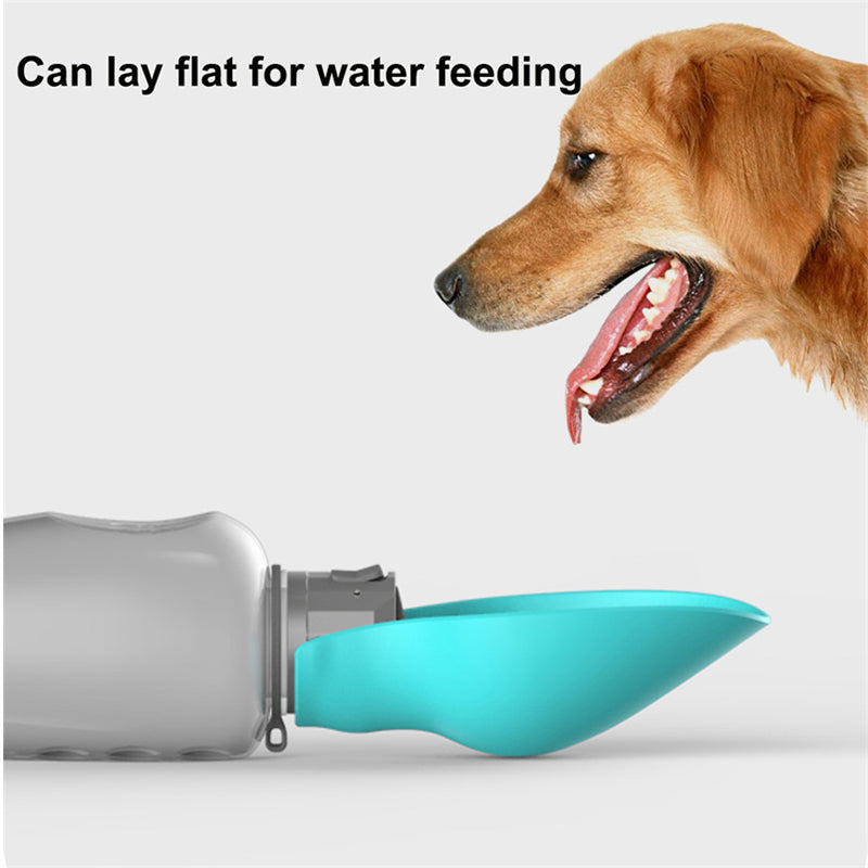 Portable Dog Water Bottle 800ml with built-in feeding bowl in blue plastic, ideal for travel and outdoor use