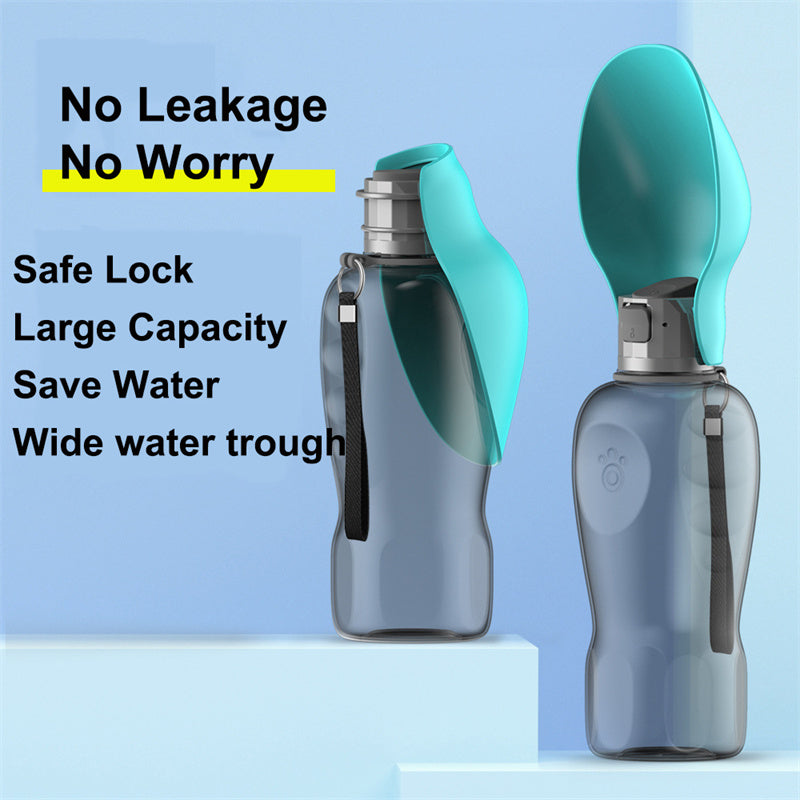 Portable Dog Water Bottle 800ml with integrated feeding bowl, made of clear durable plastic, ideal for travel and outdoor