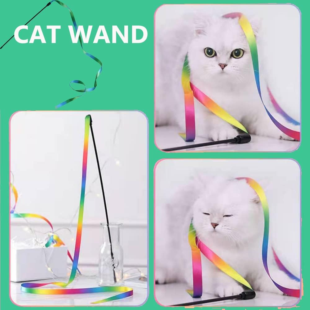 Interactive Rainbow Cat Wand Toy – Colorful Ribbon Teaser for Indoor Cats & Kittens