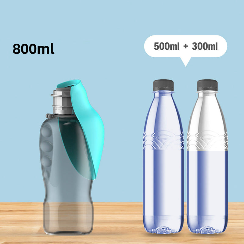 Portable Dog Water Bottle 800ml with integrated feeding bowl, durable plastic, ideal for travel and outdoor use.