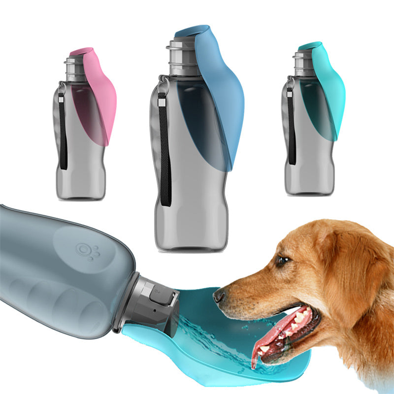 Portable Dog Water Bottle 800ml with built-in feeding bowl, blue and white lightweight plastic for travel and outdoor use.