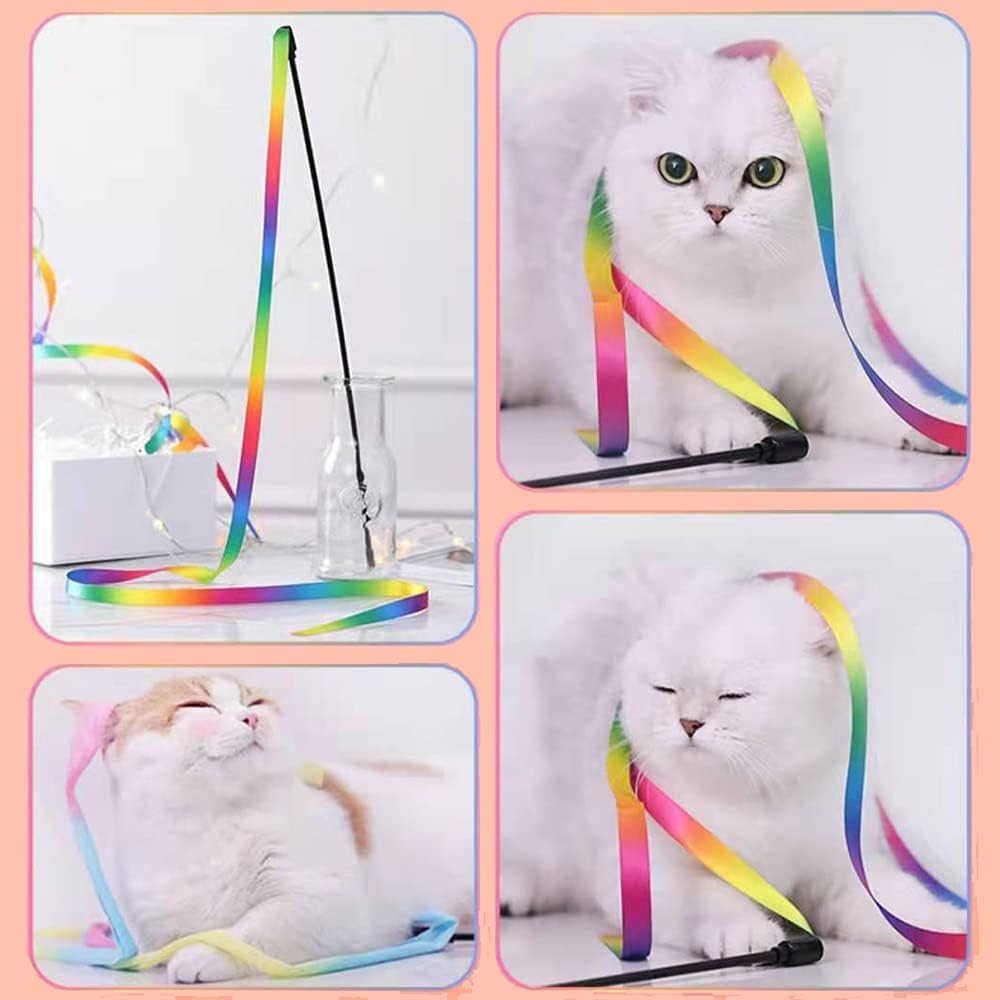 Interactive Rainbow Cat Wand Toy – Colorful Ribbon Teaser for Indoor Cats & Kittens