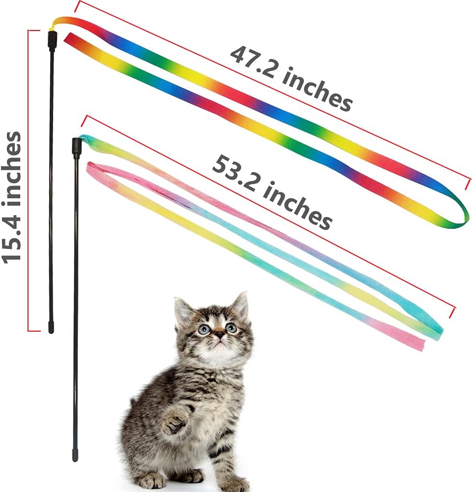 Interactive Rainbow Cat Wand Toy – Colorful Ribbon Teaser for Indoor Cats & Kittens