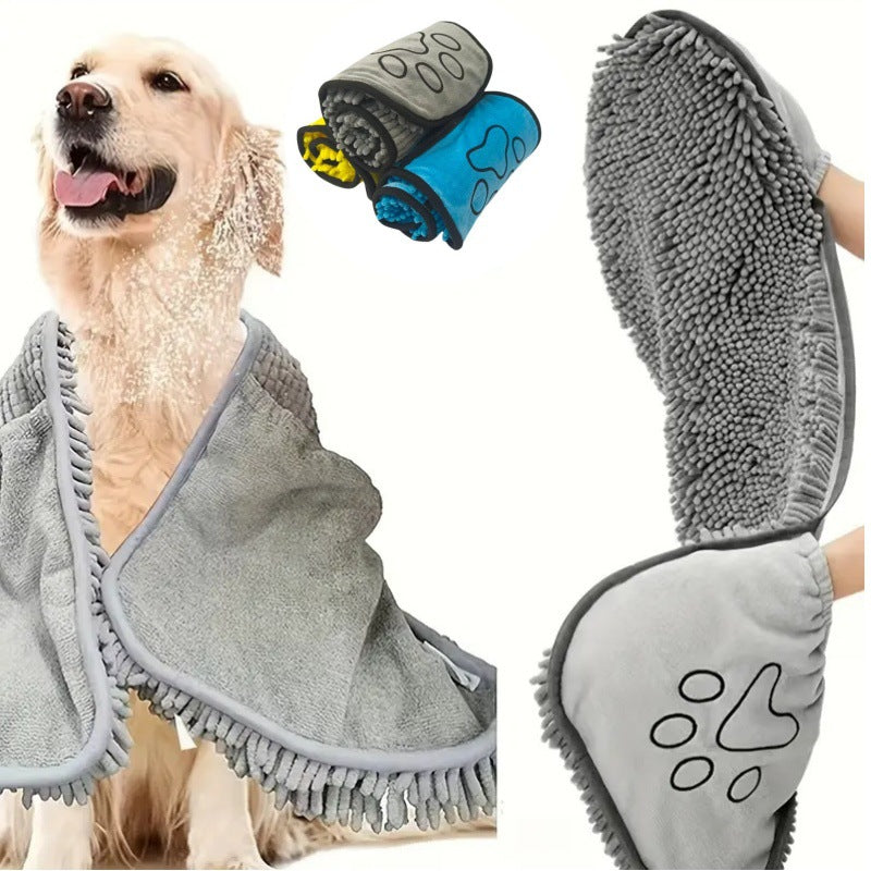 Chenille Pet Drying Towel Mitt in blue microfiber, designed for quick drying of dogs and cats during baths.
