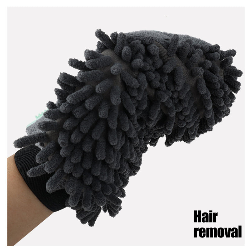 2-in-1 Pet Grooming & Bath Glove in blue and gray silicone, designed to remove loose hair, dirt, and dander from pets during