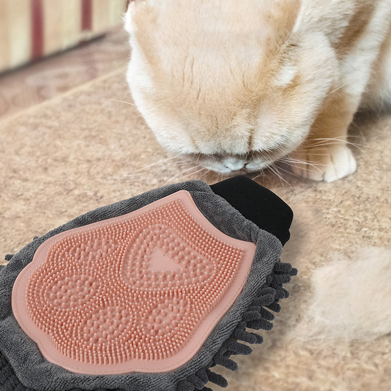 2-in-1 Pet Grooming & Bath Glove in blue and white silicone, removes loose hair, dirt, and dander during pet grooming and