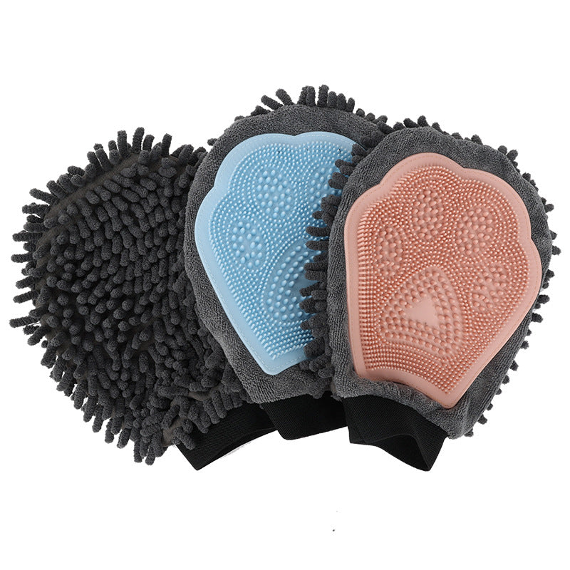 2-in-1 Pet Grooming & Bath Glove in blue silicone, designed to remove loose hair, dirt, and dander during pet bathing.